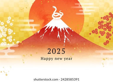 2025 New Year's card with watercolor Mt. Fuji, snake and first sunrise. 