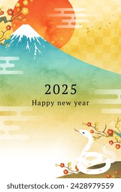 2025 New Year's card with watercolor Mt. Fuji, snake and first sunrise. 