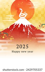 2025 New Year's card with watercolor Mt. Fuji, snake and first sunrise. 