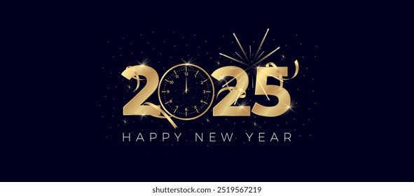 2025 New Year's Eve event design template. Golden 2025 numbers and countdown clock. Elegant and modern style. Vector illustration.