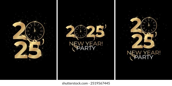 2025 New Year's Eve event design templates. Golden 2025 numbers and countdown clock. Elegant and modern style. Vector illustration.