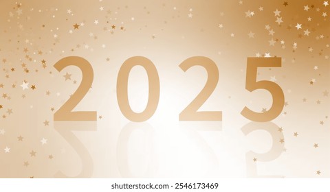 2025. Tarjeta de Vector de la víspera del Nuevo año. Oro 2025 en un fondo de gradiente dorado. Sencillos deseos de año Nuevo ideales para el Anuncio, el boletín. Confeti en forma de estrella caída sobre fondo con efecto de malla. RGB.