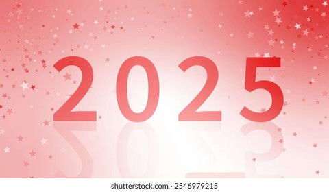 2025. Tarjeta de Vector de la víspera del Nuevo año. Rojo 2025 en un fondo degradado rojo-blanco. Sencillos deseos de año Nuevo ideales para el Anuncio, el boletín. Confeti en forma de estrella caída sobre fondo rojo con efecto de malla.