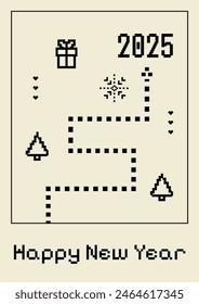 2025 New Year's placard with pixel snake game, Christmas trees, gift box and pixel snowflake. Nostalgia of 90s. Retro poster with abstract electronic screen. Memories postcard, vector illustration