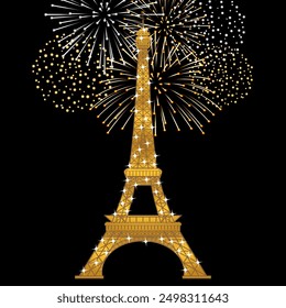 2025 - Nighttime party atmosphere in Paris, France, with the Eiffel Tower sparkling with a thousand lights in front of a fireworks display in gold tones on a black background.