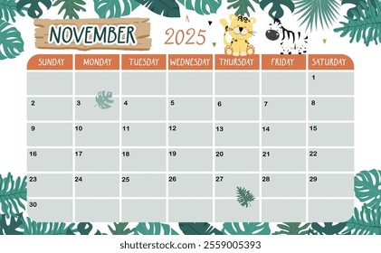 2025 November calendar week start on Sunday with safari style for horizonral printable design