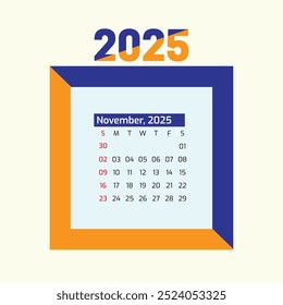 Plantilla de estilo de Profesional de diseño de calendario de noviembre de 2025 para Diseño gráfico de Vector de uso comercial