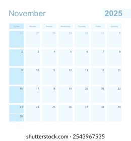 2025 Noviembre planificador de paredes en color azul, la semana comienza el domingo. Calendario para noviembre de 2025 con día del mes anterior y siguiente.