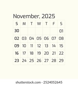 2025 November Year all months calendar Single Page corporate wall 2025 12 months calendar template, Nov