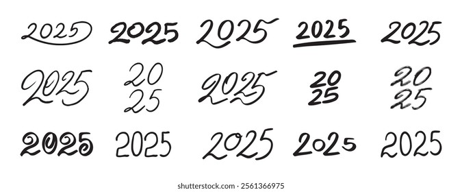 2025 number doodle hand drawn icon set. Outline drawing 2025 Happy New Year numbers line clipart symbol collection. . Vector illustration