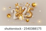 2025 number with golden snowflake and gift boxes . Happy New Year and Merry Christmas 2025. Greeting card. Vector realistic 3d