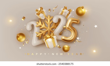 2025 number with golden snowflake and gift boxes . Happy New Year and Merry Christmas 2025. Greeting card. Vector realistic 3d