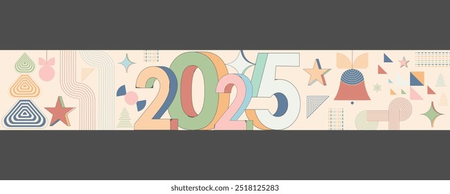 2025 number happy New Year, Merry Christmas banner, web, invite posters template Layout, greeting card simple organic, contemporary mid century design