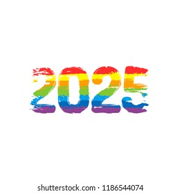 2025 number icon. Happy New Year. Drawing sign with LGBT style, seven colors of rainbow (red, orange, yellow, green, blue, indigo, violet