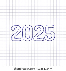 2025 number icon. Happy New Year. Hand drawn picture on paper sheet. Blue ink, outline sketch style. Doodle on checkered background