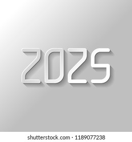 2025 number icon. Happy New Year. Paper style with shadow on gray background