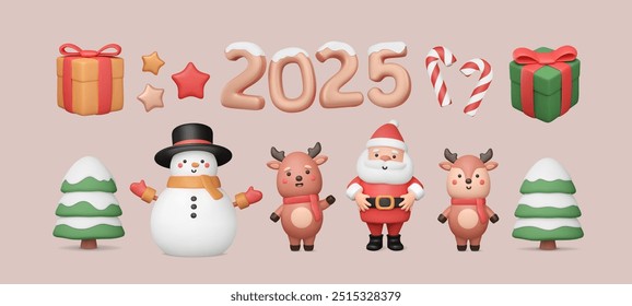 2025 numbers, 3d New Year elements. Traditional celebration objects, Christmas icons, happy and cute characters. Cartoon Santa Claus, standing deer baby, snowman in top hat. Vector illustration.