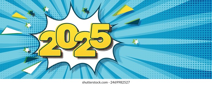 2025 numbers and Abstract blue halftone background. Pop art comics book. Funny retro pattern. Vintage backdrop