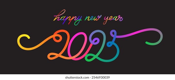 2025 numbers continuous line in gradient art banner. New Year border lettering, 2025 with heart one line art, continuous contour. Vector New Year hand writing text, linear. Thickness is easily edited.