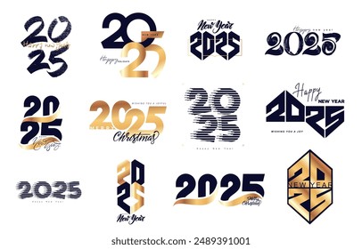 2025 numbers design template set. 2025 New Year logo gold and black text design. Collection of Happy New Year. Calendar logo 2025 Vector Christmas elements. Luxury golden number design template.