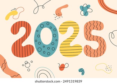 2025 numbers fun abstract design. Creative hand drawn 2025 digits colorful. Playful shapes, doodles and decorative elements in trendy groovy colors. Vector illustration