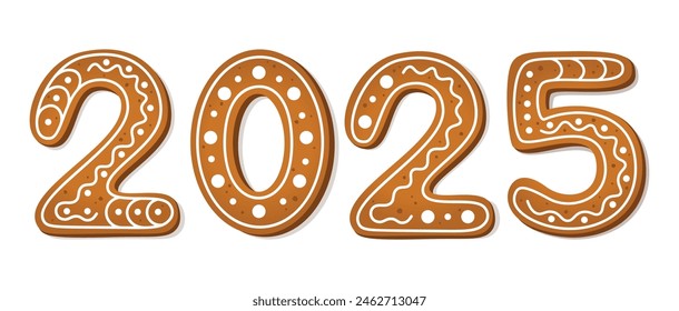 2025 números en estilo galletas de jengibre. Año Nuevo, dulce, postre casero o tema de vacaciones de invierno. Ilustración vectorial sobre fondo blanco. 