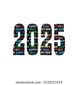 2025 numbers with New Years Eve typography pattern on black background