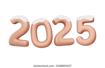 2025 numbers with snowy cover. 3d Christmas and New Year element. Text in bronze, golden colors with glowing effect. Vector isolated illustration.