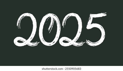 2025. numbers. text. Calendar. New Year's Eve. Merry Christmas. Happy New Year. Drawing white line with brush strokes. Vector illustration isolated on dark background.