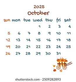 2025 october calendar with cart with pumpkins. Colorful modern calendar, monthly planner. Vector hand drawn illustration. Modern simple design. Autumn month