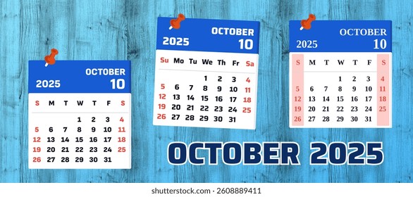 2025 October Calendar. 2025 Calendar on blue wood background. August pin 2025 calendar. Pin october 2025 calendar. Best for element, , reminder, schedule, and meeting.