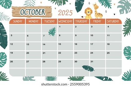 2025 October calendar week start on Sunday with safari style for horizonral printable design