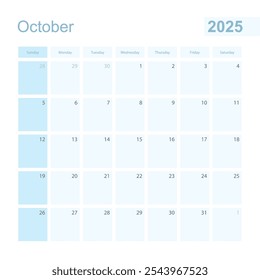 2025 Octubre planificador de paredes en color azul, la semana comienza el domingo. Calendario para octubre de 2025 con día del mes anterior y del mes siguiente.