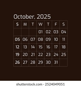 2025 outubro Ano todos os meses calendário Página única parede corporativa 2025 preto e branco meses calendário modelo, Out