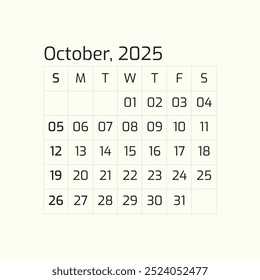 2025 October Year all months calendar Single Page corporate wall 2025 12 months calendar template