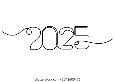 2025 one continuous line drawing element New Year design isolated on white background. Vector illustration
