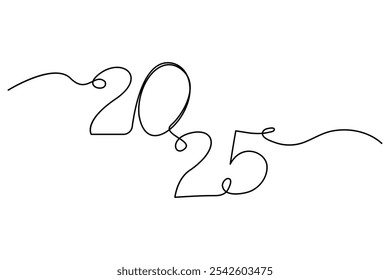 2025 one continuous line drawing element New Year design isolated on white background. Vector illustration