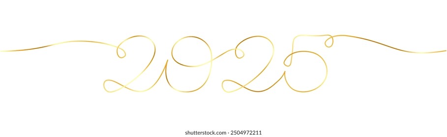 2025 one continuous line golden gradient element isolated on transparent background. New year symbol. Minimal banner template with editable stroke Vector illustration