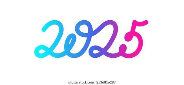 2025 one continuous line symbol. Vector number of year design. New year or Christmas date sign. Simple vector sketch for calendar, greeting card, invitation