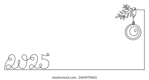 2025 one line art, hand drawn continuous contour.Holiday concept,festive lettering.New year handwriting text, linear style, minimalist design.Editable stroke.Isolated.Vector illustration