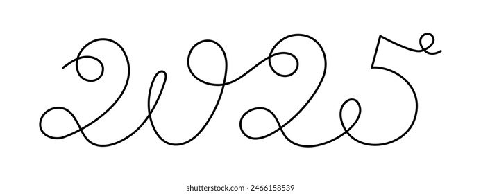 2025 one line art, hand drawn continuous contour.Holiday concept,festive lettering.New year handwriting text, linear style, minimalist design.Editable stroke.Isolated.Vector illustration