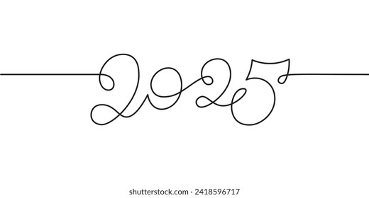 2025 one line drawing. Continuous doodle hand drawing, isolated on white background. Editable thin stroke, vector sketch illustration. New Year date design