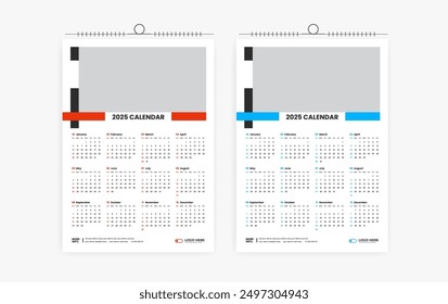 Plantilla de diseño de calendario de una página 2025, diseño de calendario de 12 meses