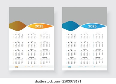 2025 one page calendar design template, Week starts on Sunday, Modern 12 months one page calendar.