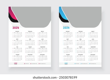 2025 one page calendar design template, Week starts on Sunday, Modern 12 months one page calendar.