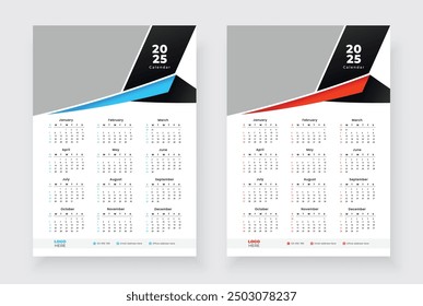 2025 one page calendar design template, Week starts on Sunday, Modern 12 months one page calendar.