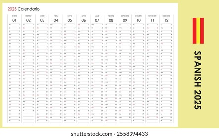 2025 one page calendar in Spanish, wall planner, annual office or school organizer with place for notes, copy space