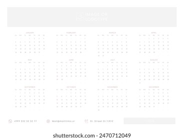 2025 One Page Calendar Template Design. Week Starts on Sunday 2025 Office Wall Calendar. Whole Year Planner With Empty Space. Corporate or Business 2025 Calendar. English Vector Calendar Layout .	
