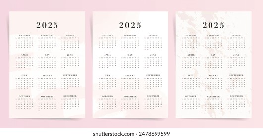 2025 Diseño de Plantilla de calendario de una página. Calendario de oficina rosa para mujer de negocios. Diseño de gradiente estético. Planificador de escritorio en estilo minimalista de moda moderna. Diseño del calendario del Vector inglés.