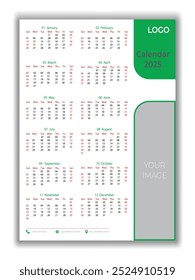 2025 one page corporate calendar template, Professional businesses wall calendar design